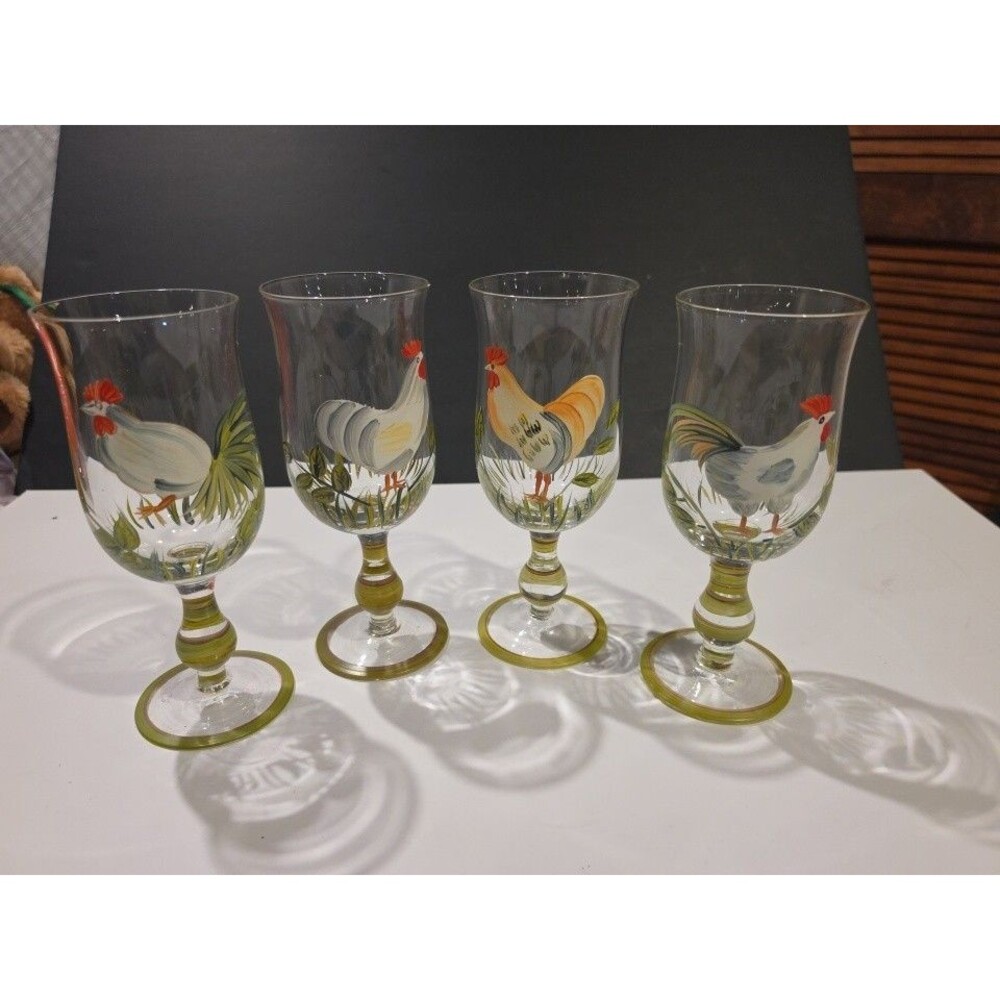 VTG Hand Painted Chicken Rooster Wine Water Goblets Green Stemmed Set of 4
